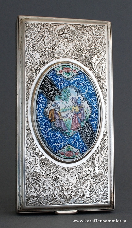 Persian silver box with finely painted enamel plaque