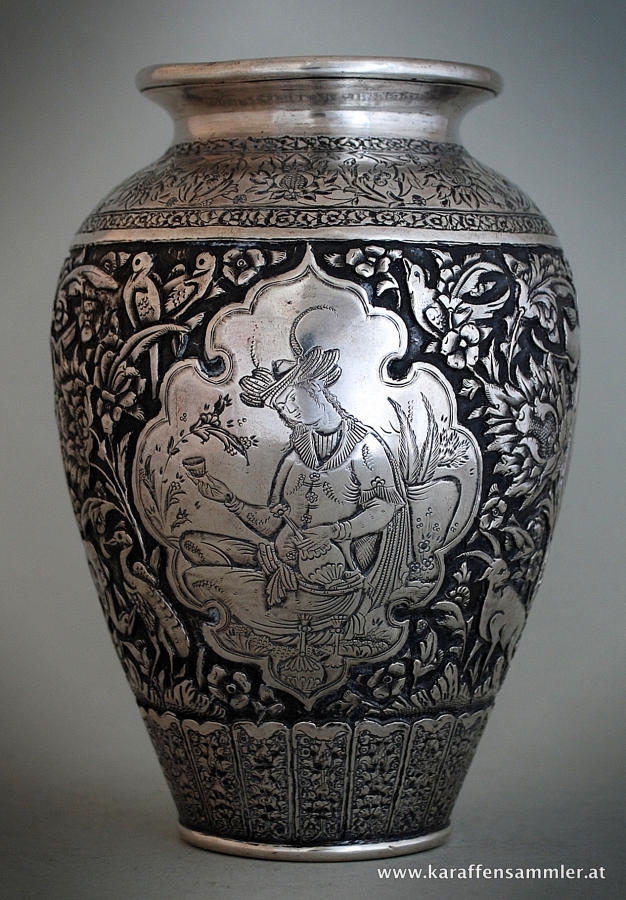 Beautifully engraved qajar persian massive silver vase