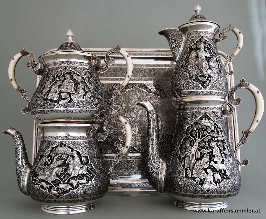 Remarkable 4 piece persian silver set plus tray by famous Ostad Lahiji